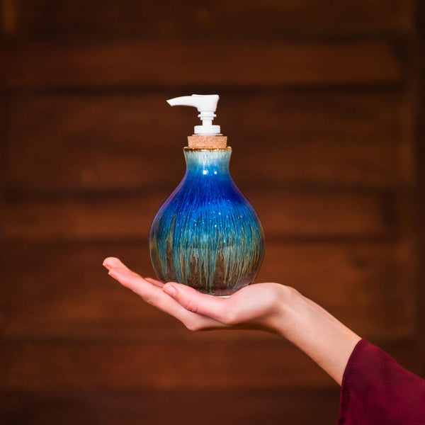 Buy 14.5 oz. Amber Blue Ceramic Soap Dispenser Bottle - 1 - Blanket Creek Pottery 