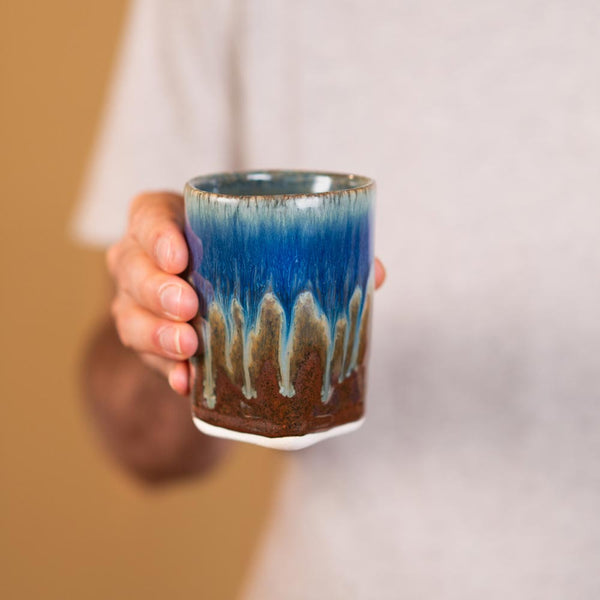 Shop 8 oz. Square Handmade Amber Blue Ceramic Cup - 1 - Blanket Creek Pottery 