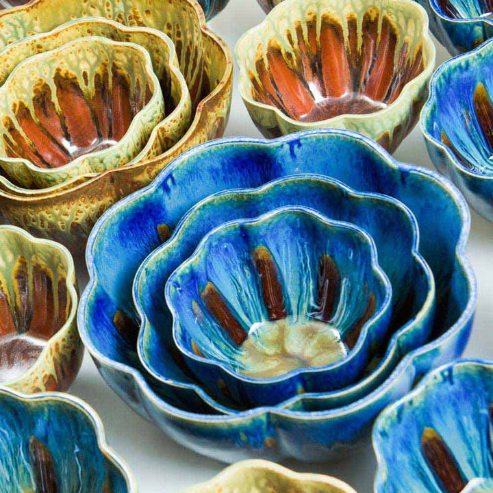 Buy Ceramic Amber Blue Set of 3 Flower Shaped Nesting Bowls - 9 - Blanket Creek Pottery 