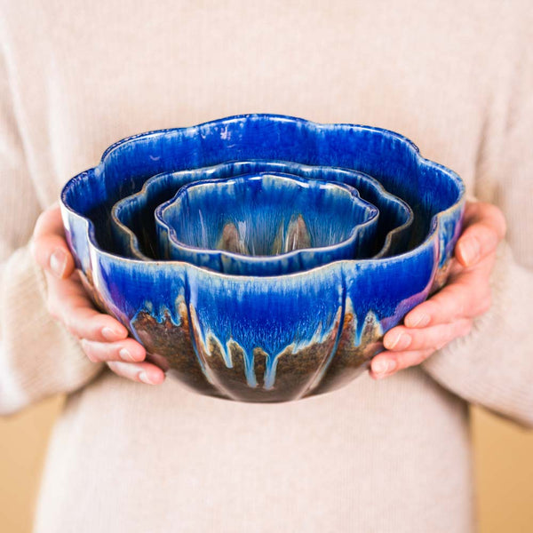 Buy Ceramic Amber Blue Set of 3 Flower Shaped Nesting Bowls - 1 - Blanket Creek Pottery 
