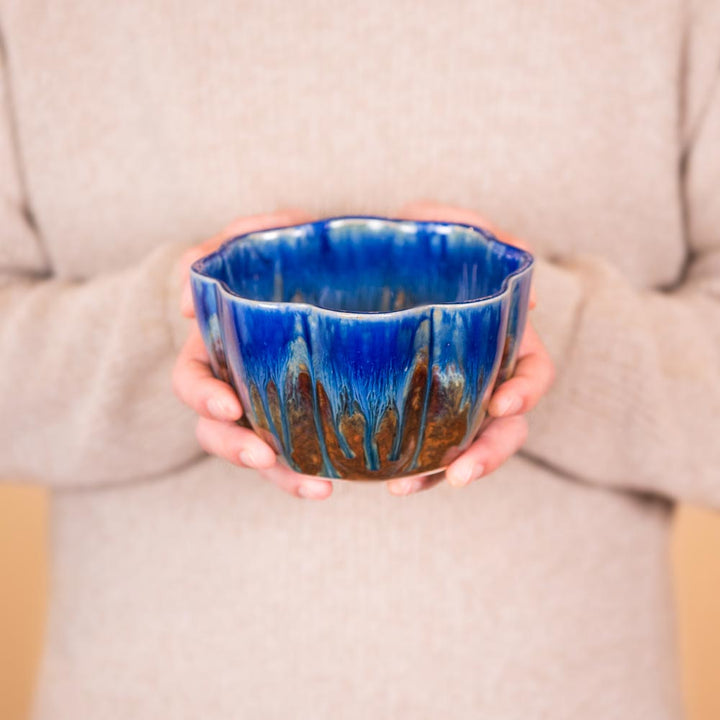 Buy Ceramic Amber Blue Set of 3 Flower Shaped Nesting Bowls - 4 - Blanket Creek Pottery 