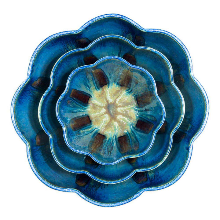 Buy Ceramic Amber Blue Set of 3 Flower Shaped Nesting Bowls - 5 - Blanket Creek Pottery 