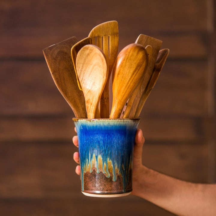 Purchase Amber Blue Ceramic Utensil Holder - 1 - Blanket Creek Pottery 