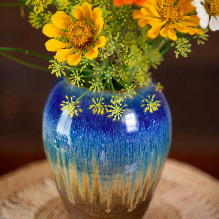 Purchase Large Handmade Amber Blue Ceramic Round Vase - 5 - Blanket Creek Pottery 