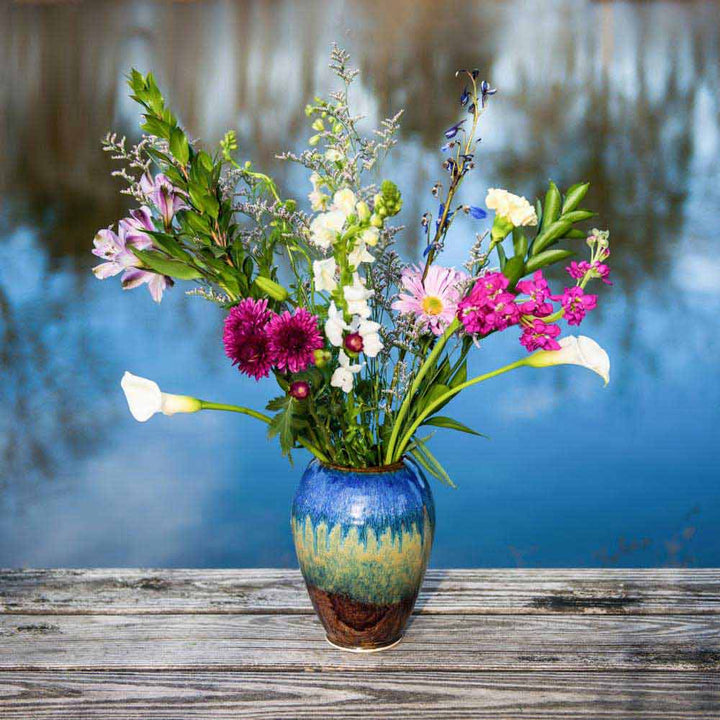 Purchase Large Handmade Amber Blue Ceramic Round Vase - 9 - Blanket Creek Pottery 