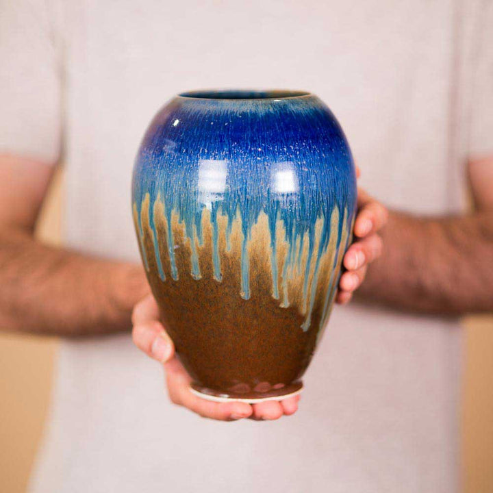 Purchase Large Handmade Amber Blue Ceramic Round Vase - 1 - Blanket Creek Pottery 