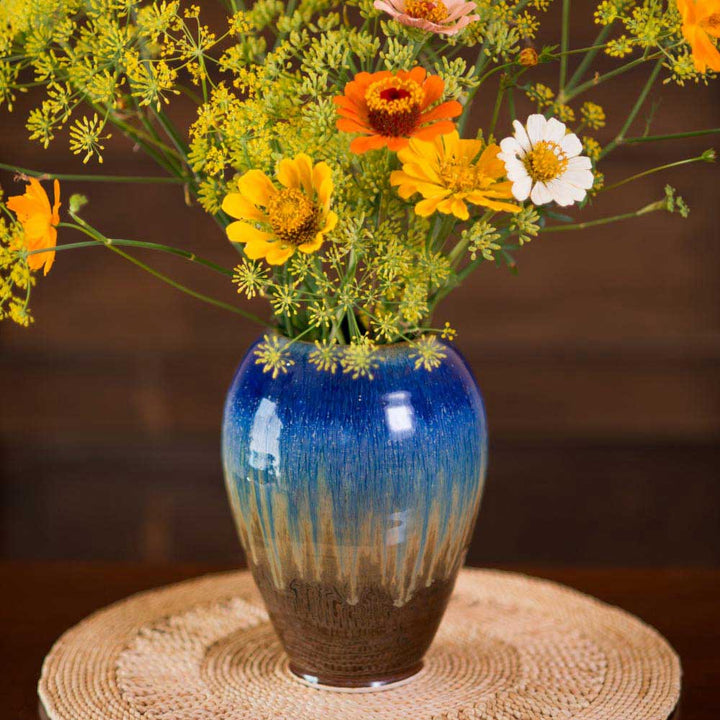 Purchase Large Handmade Amber Blue Ceramic Round Vase - 4 - Blanket Creek Pottery 