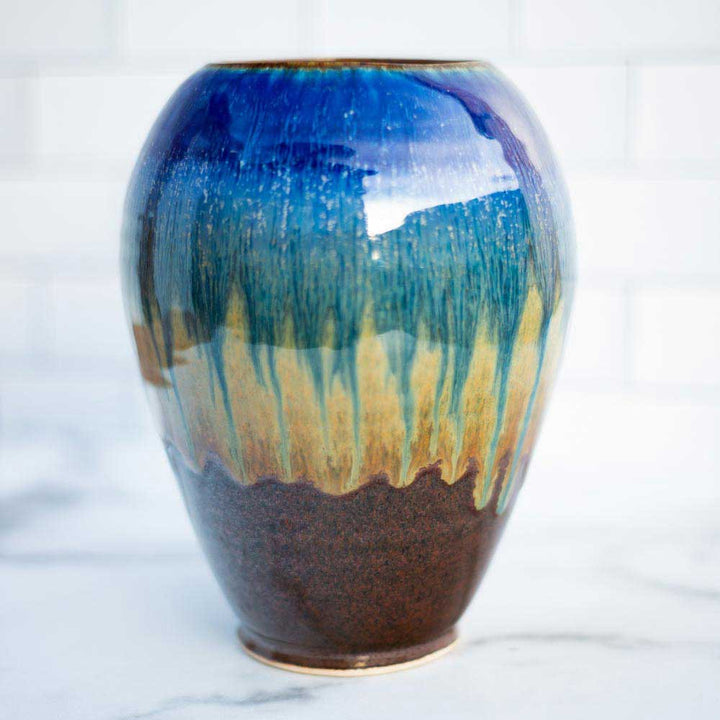 Purchase Large Handmade Amber Blue Ceramic Round Vase - 6 - Blanket Creek Pottery 