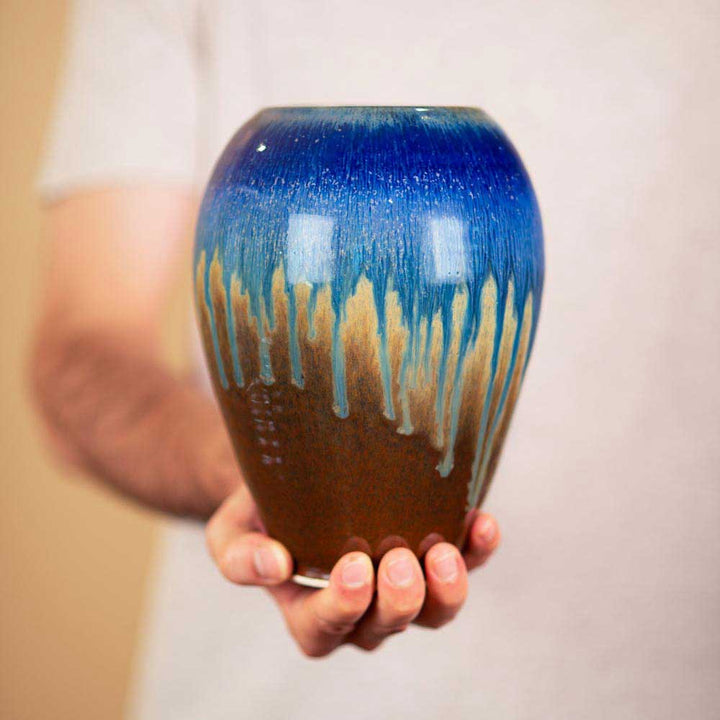 Purchase Large Handmade Amber Blue Ceramic Round Vase - 2 - Blanket Creek Pottery 