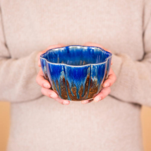 Shop Small 24 oz. Flower Shaped Amber Blue Ceramic Bowl - 1 - Blanket Creek Pottery 