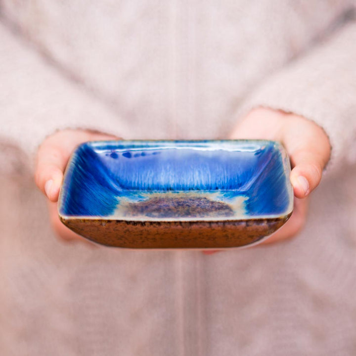 Shop Small Handmade Amber Blue Ceramic Square Plate - 1 - Blanket Creek Pottery 