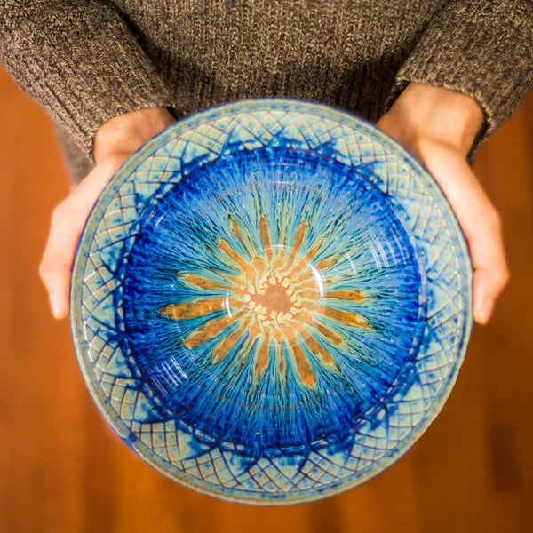 Medium 75 oz. Hand-Carved Ceramic Lotus Bowl - Amber Blue  - 1 - Blanket Creek Pottery 
