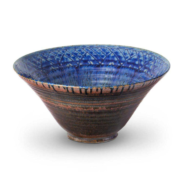 Medium 75 oz. Hand-Carved Ceramic Lotus Bowl - Amber Blue  - 3 - Blanket Creek Pottery 