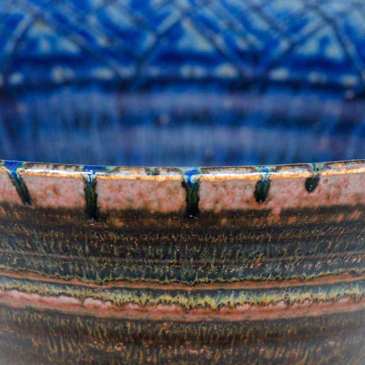 Medium 75 oz. Hand-Carved Ceramic Lotus Bowl - Amber Blue  - 4 - Blanket Creek Pottery 