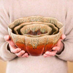 Ceramic Set of 3 Flower Shaped Nesting Bowls - Rustic Red