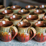 handmade small mugs for 11 oz. of coffee, tea, late, hot chocolate and cold drinks in red and green glaze